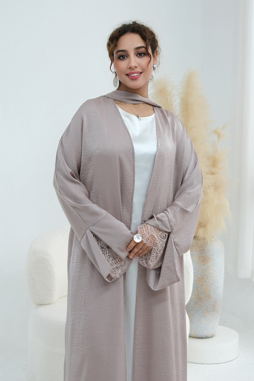 Basma Lace Cuff Stand Collar Long Abaya-Grey
