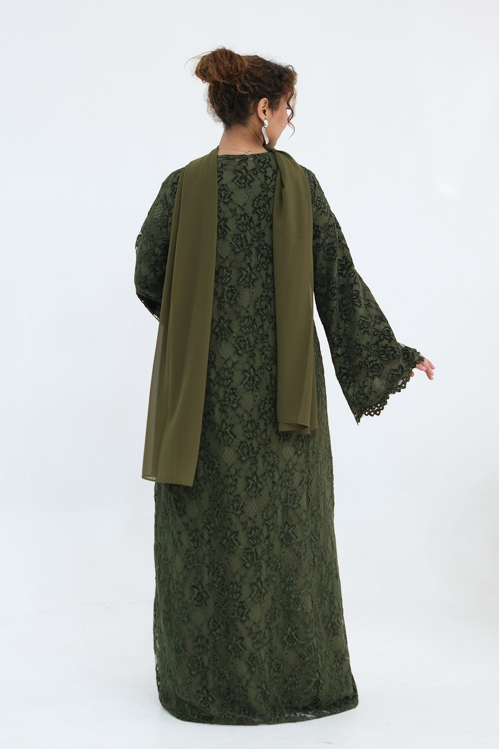 Nurul Floral Lace Open Front Long Abaya-Green