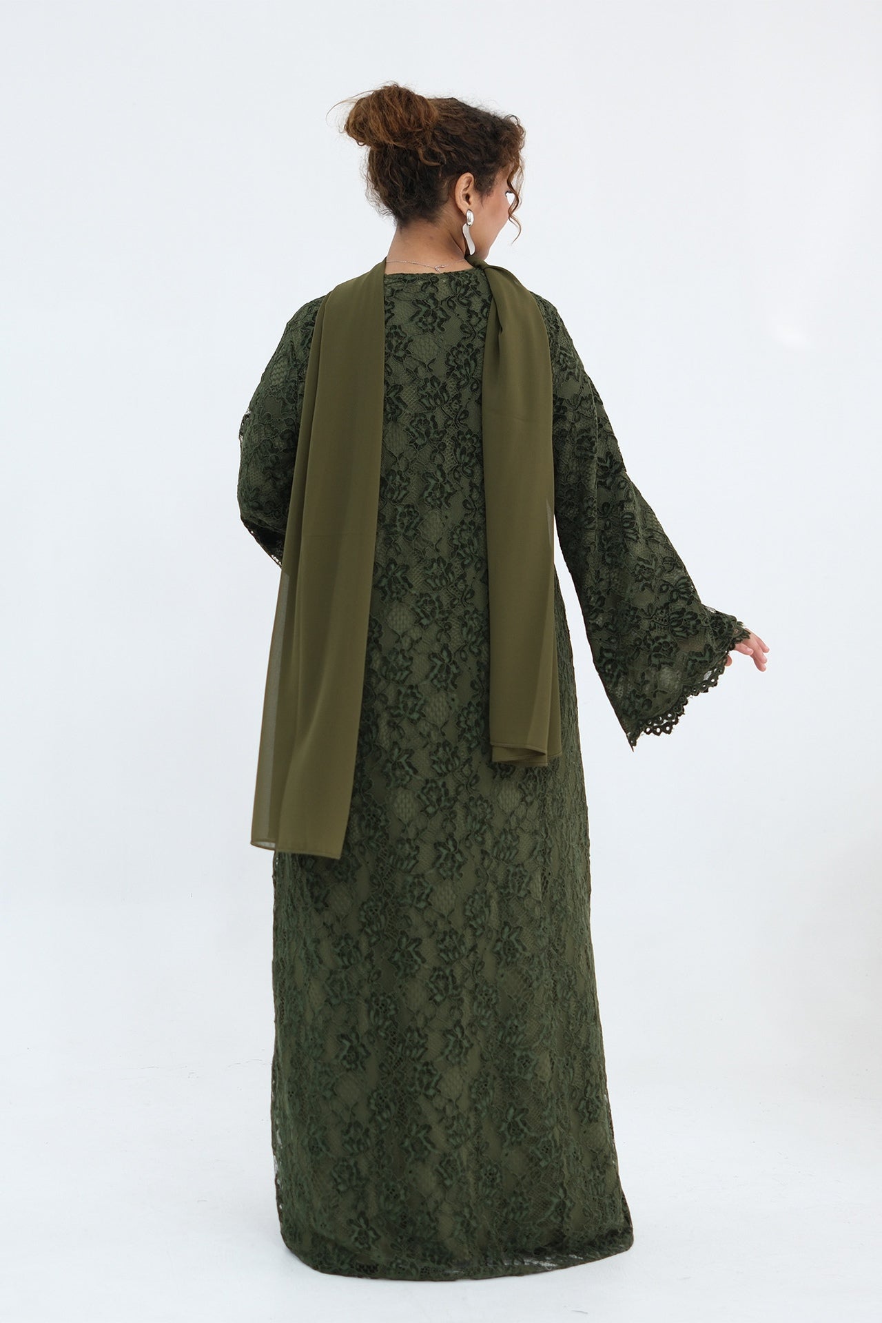 Nurul Floral Lace Open Front Long Abaya-Green