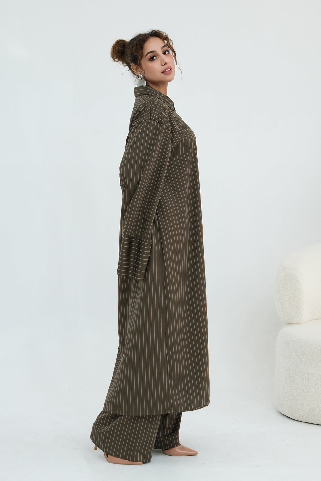 Muna Striped Shirt Long Two Piece Set-Green