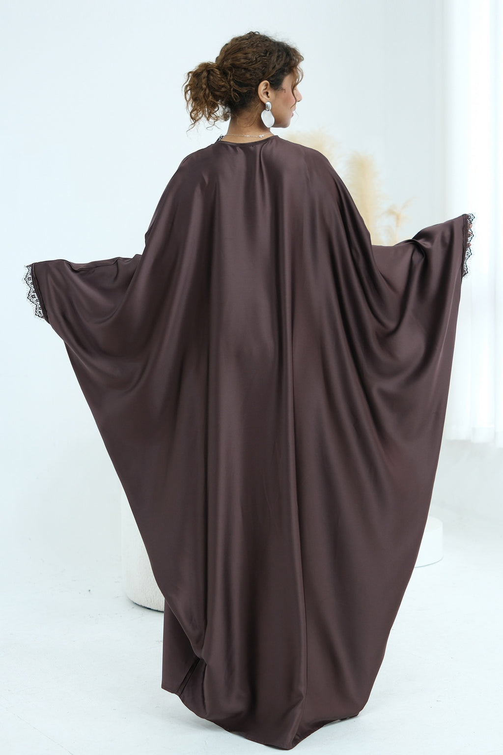 Sara Lace Trim Batwing Satin Abaya-Coffee