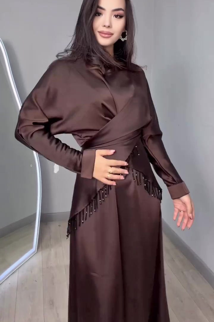 Maysa Wrap Fringe Satin Two Piece Set