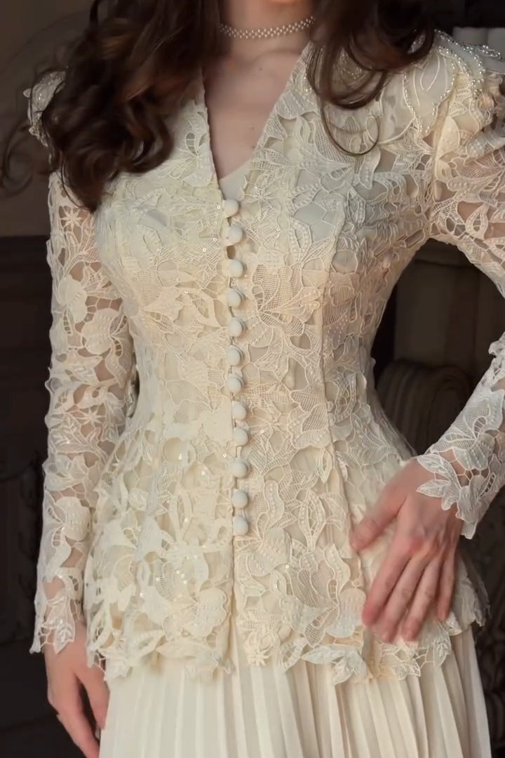 Romantic Chantilly Lace Peplum Set-White
