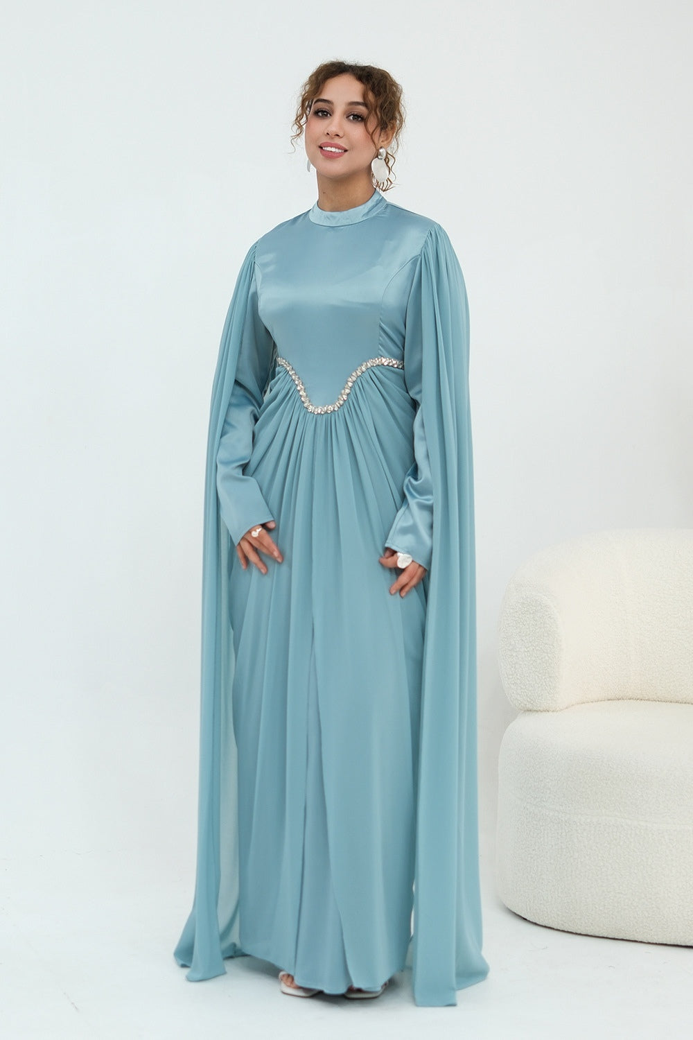 Lina Crystal Waist Cape Sleeve Maxi Dress-Blue
