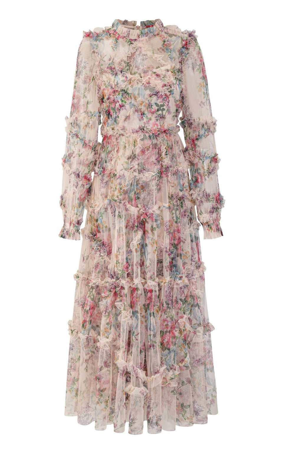 Candice Floral Ruffled Tulle Midi Dress-Apricot