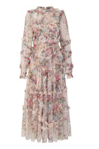 Candice Floral Ruffled Tulle Midi Dress-Apricot