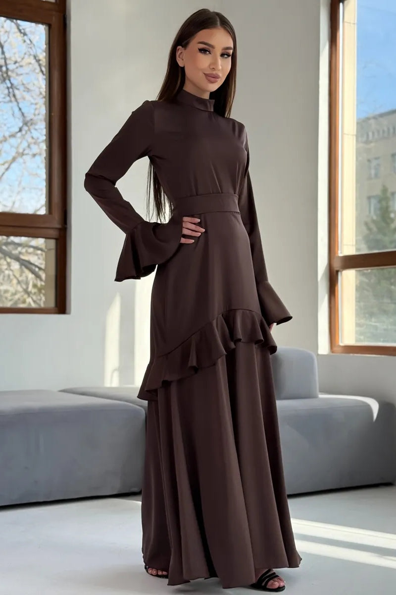 Huda High Neck Flare Sleeve Ruffle Maxi Dress-Brown