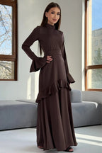 Huda High Neck Flare Sleeve Ruffle Maxi Dress-Brown