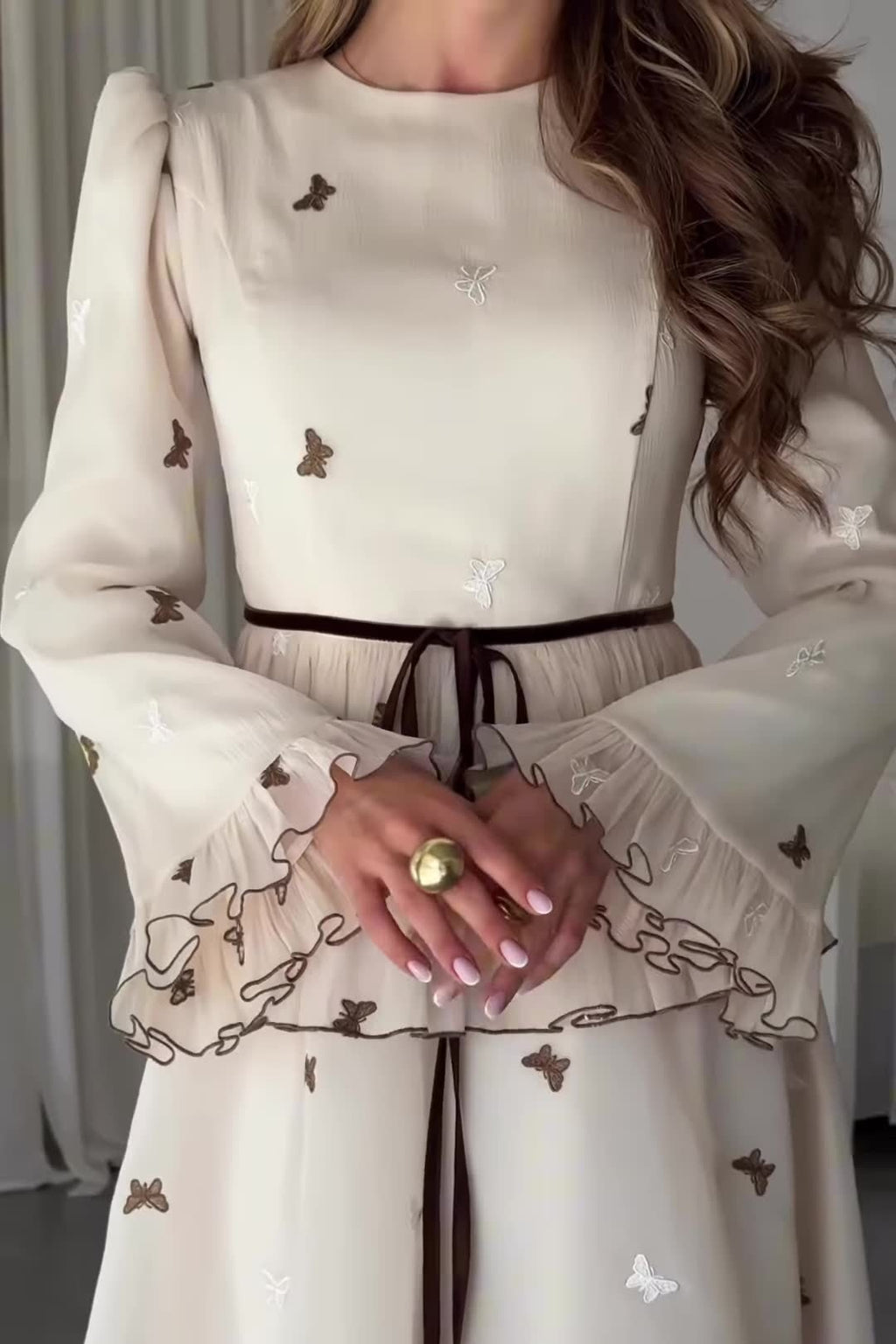 Lila Butterfly Embroidered Tie Waist Maxi Dress