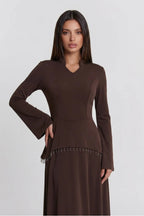 Nur V Neck Beaded Two Piece Abaya-Brown