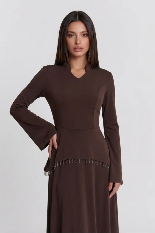 Nur V Neck Beaded Two Piece Abaya-Brown