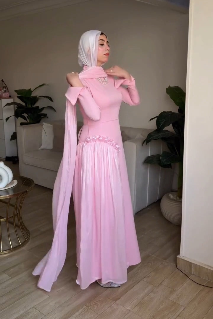 Zehra Floral Trim Asymmetrical Maxi-Pink