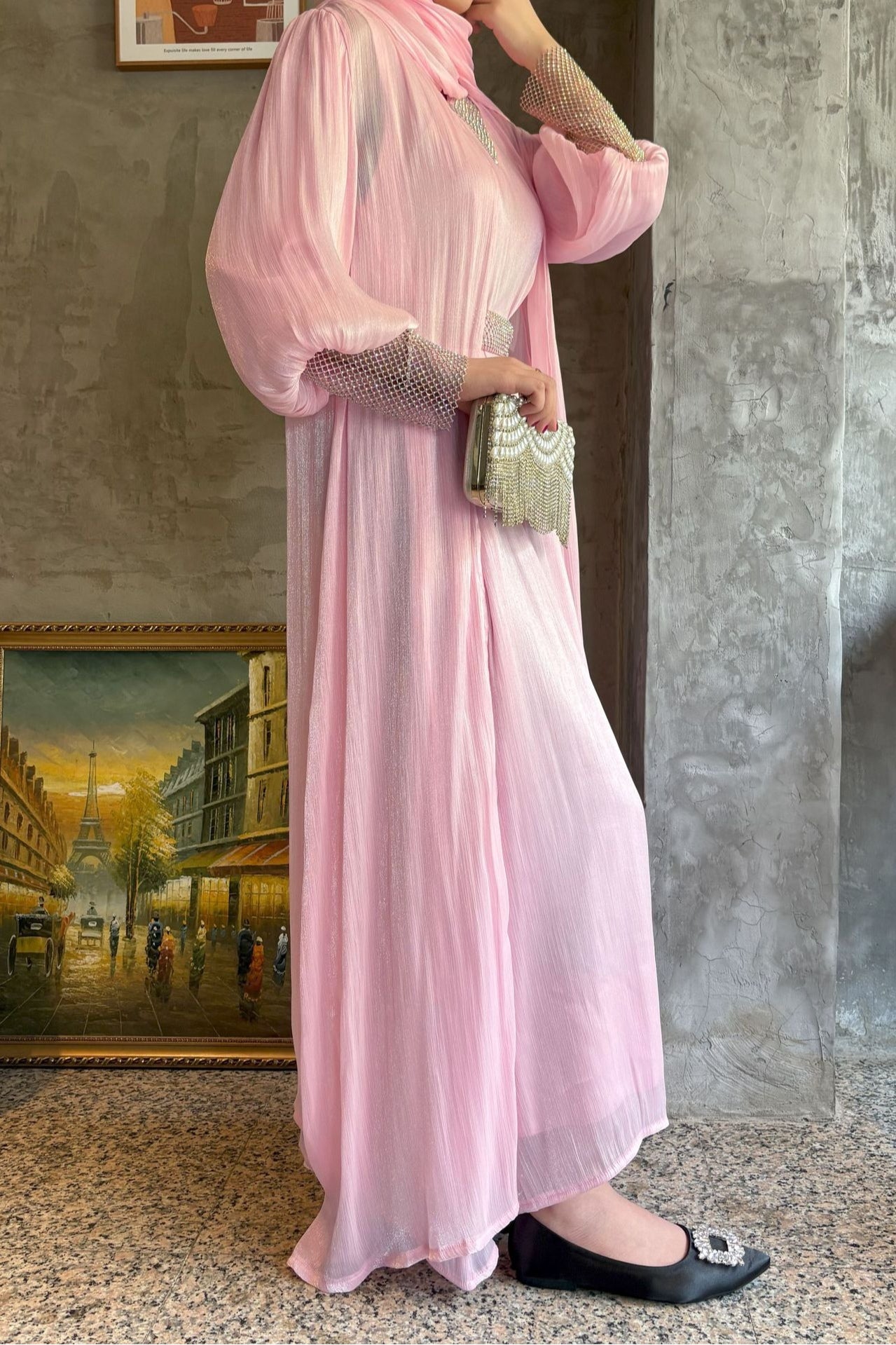 Sara Rhinestone Cuff Two-Piece Abaya-Pink