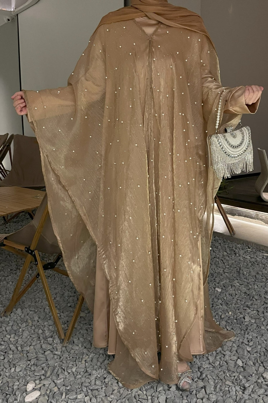 Nur Pearl Draped Two-Piece Abaya-Gold