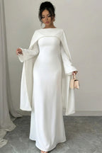 Pearl-Trimmed Cape Modest Evening Gown-White