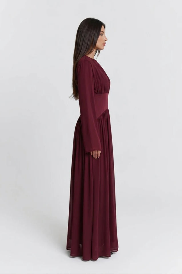 Iris Gathered Waist Flare Sleeve Maxi Dress-Wine