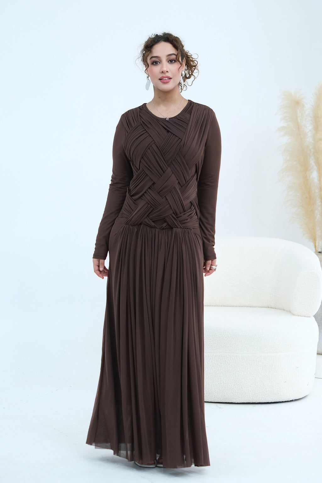 Grace Woven Mesh Maxi Dress-Brown