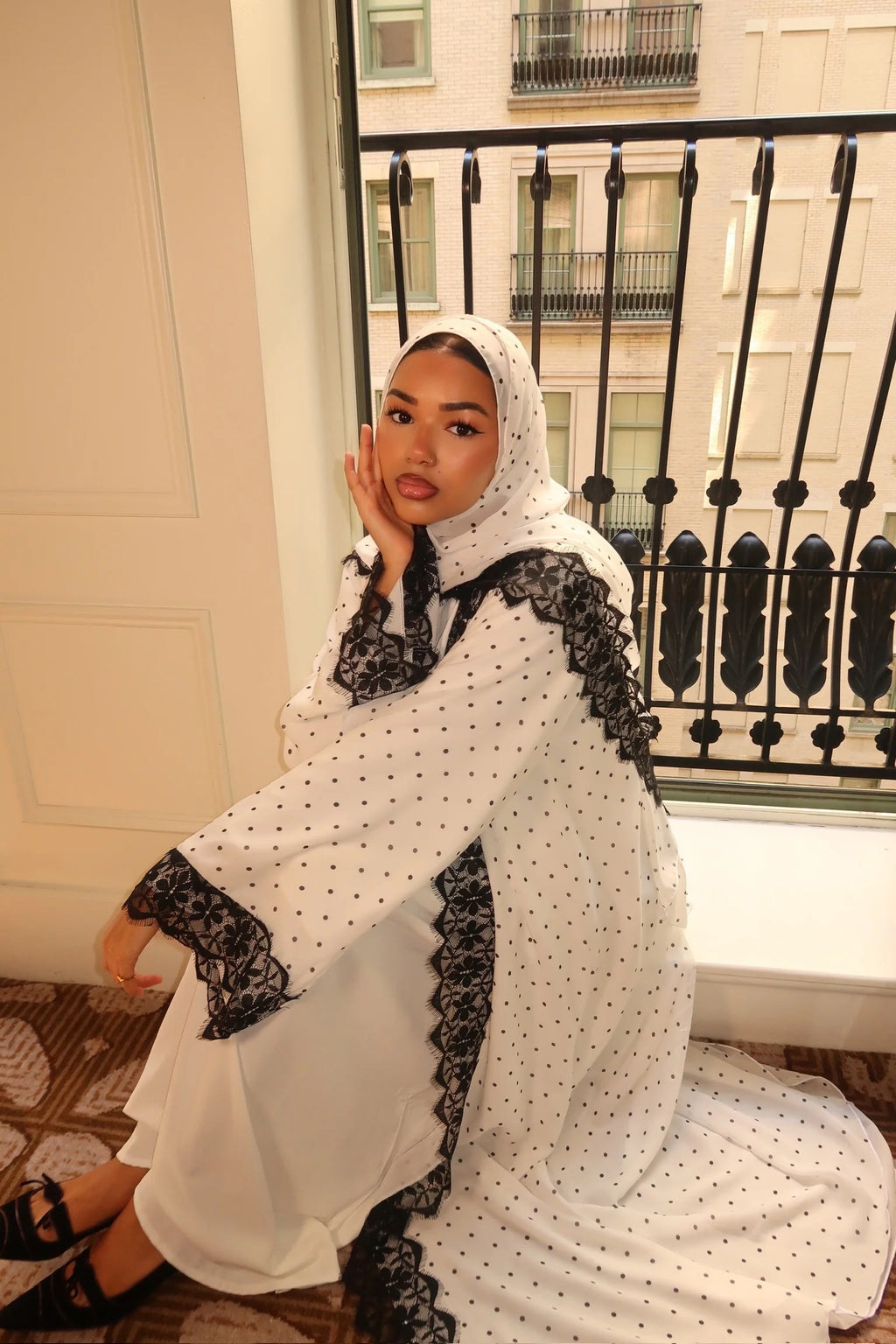 Nadia Lace‑Trimmed Polka‑Dot Abaya Set-White