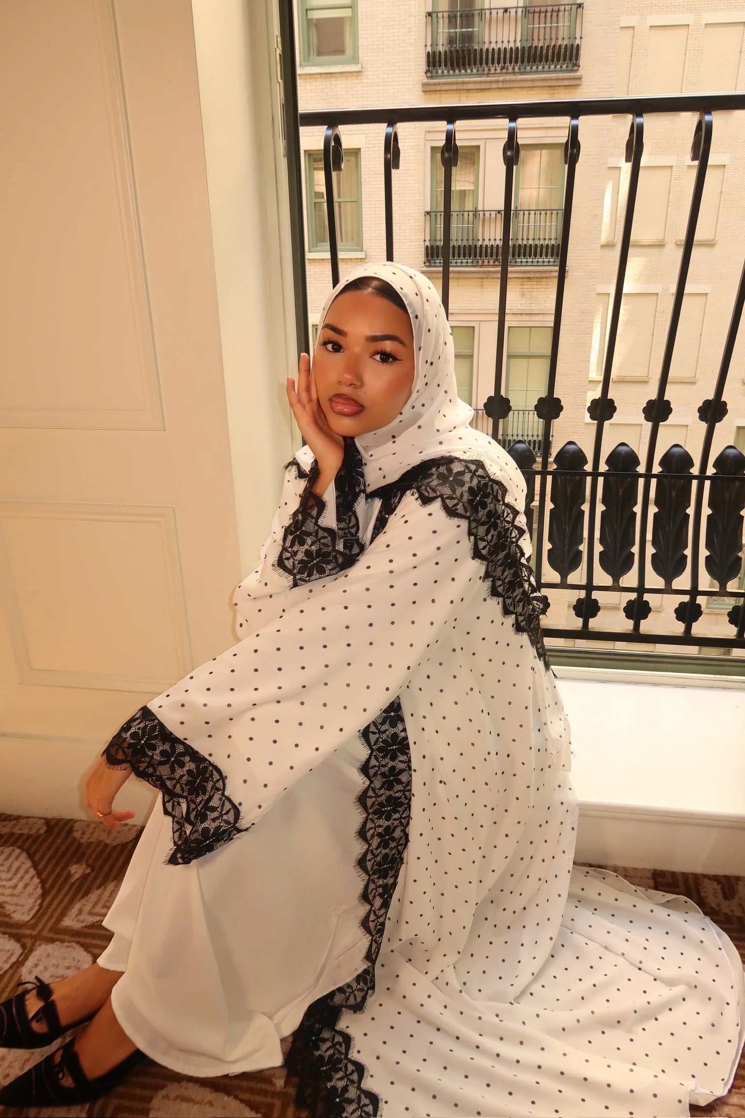 Nadia Lace‑Trimmed Polka‑Dot Abaya Set-White