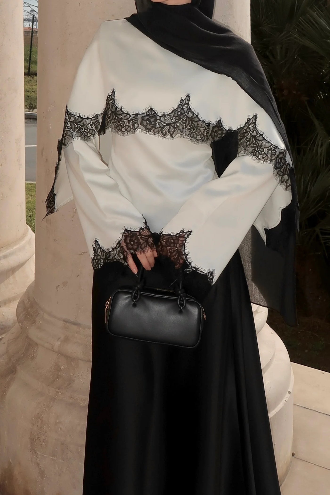 Lace-Trimmed Satin Modest Cape Blouse-White