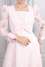 Elara Bow Floral Puff Sleeve Midi-Pink