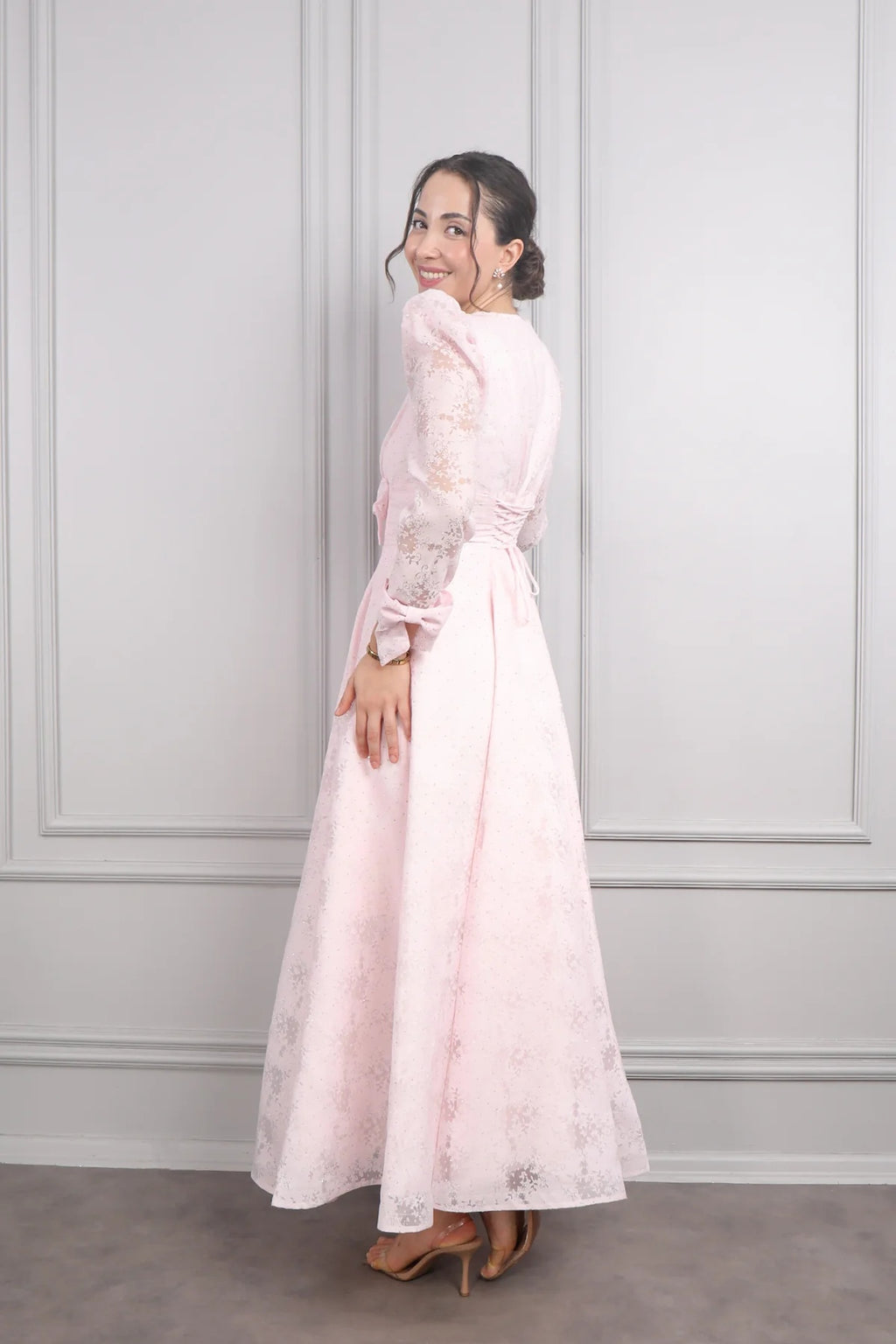 Elara Bow Floral Puff Sleeve Midi-Pink
