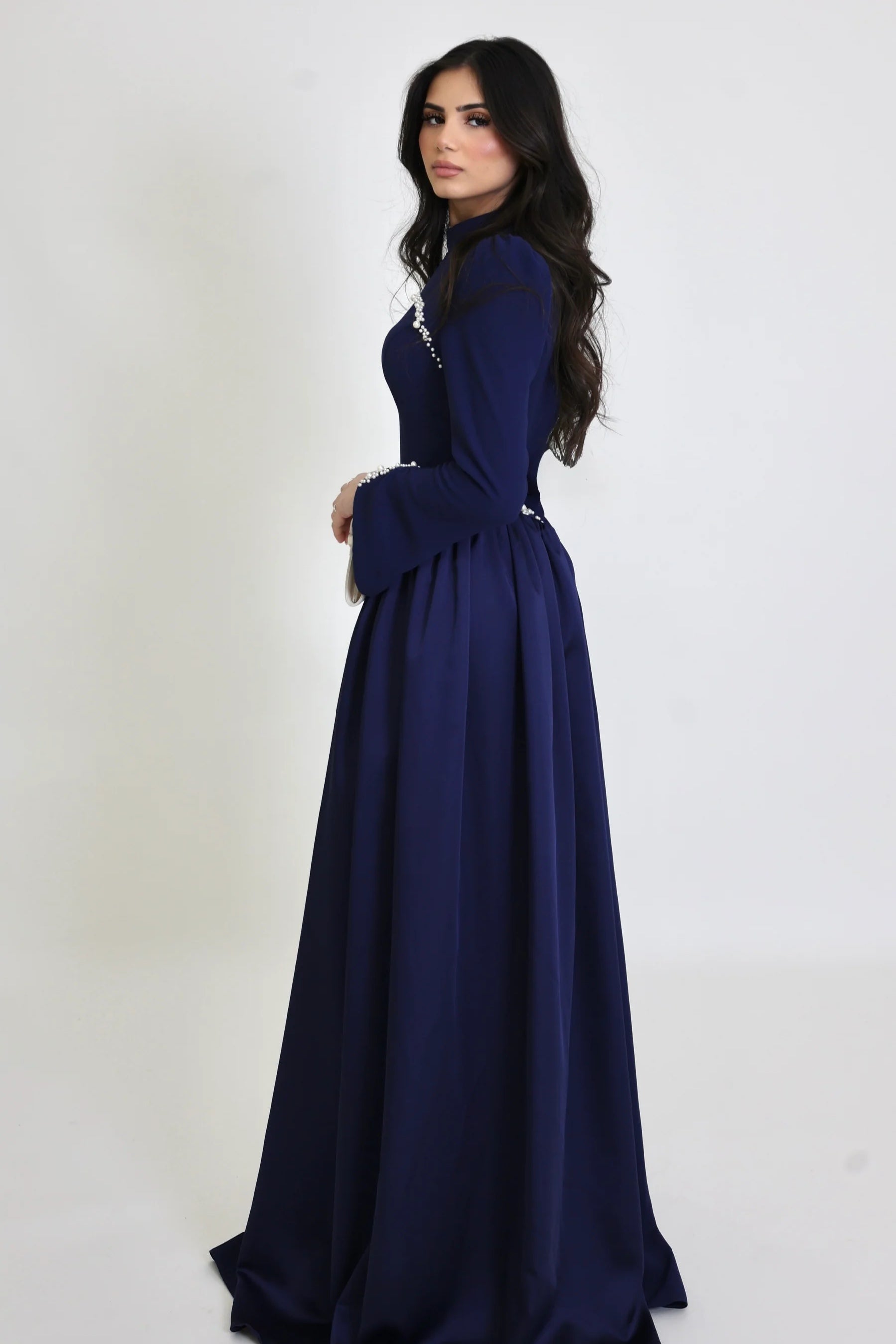 Maya Pearl Trim High Neck Gathered Maxi Dress-DarkBlue