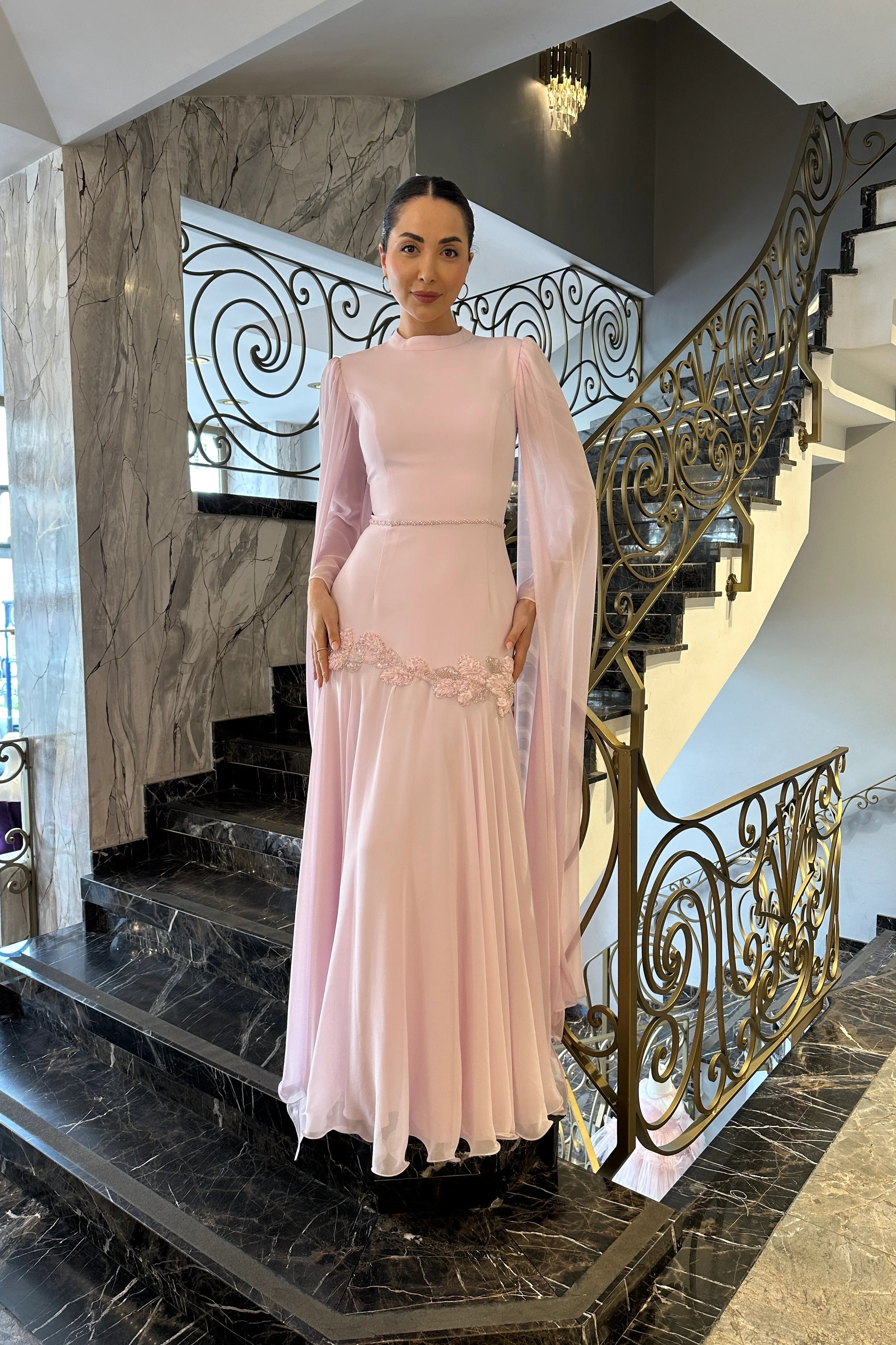Elara Cape-Sleeve Embellished Mermaid Dress-Pink