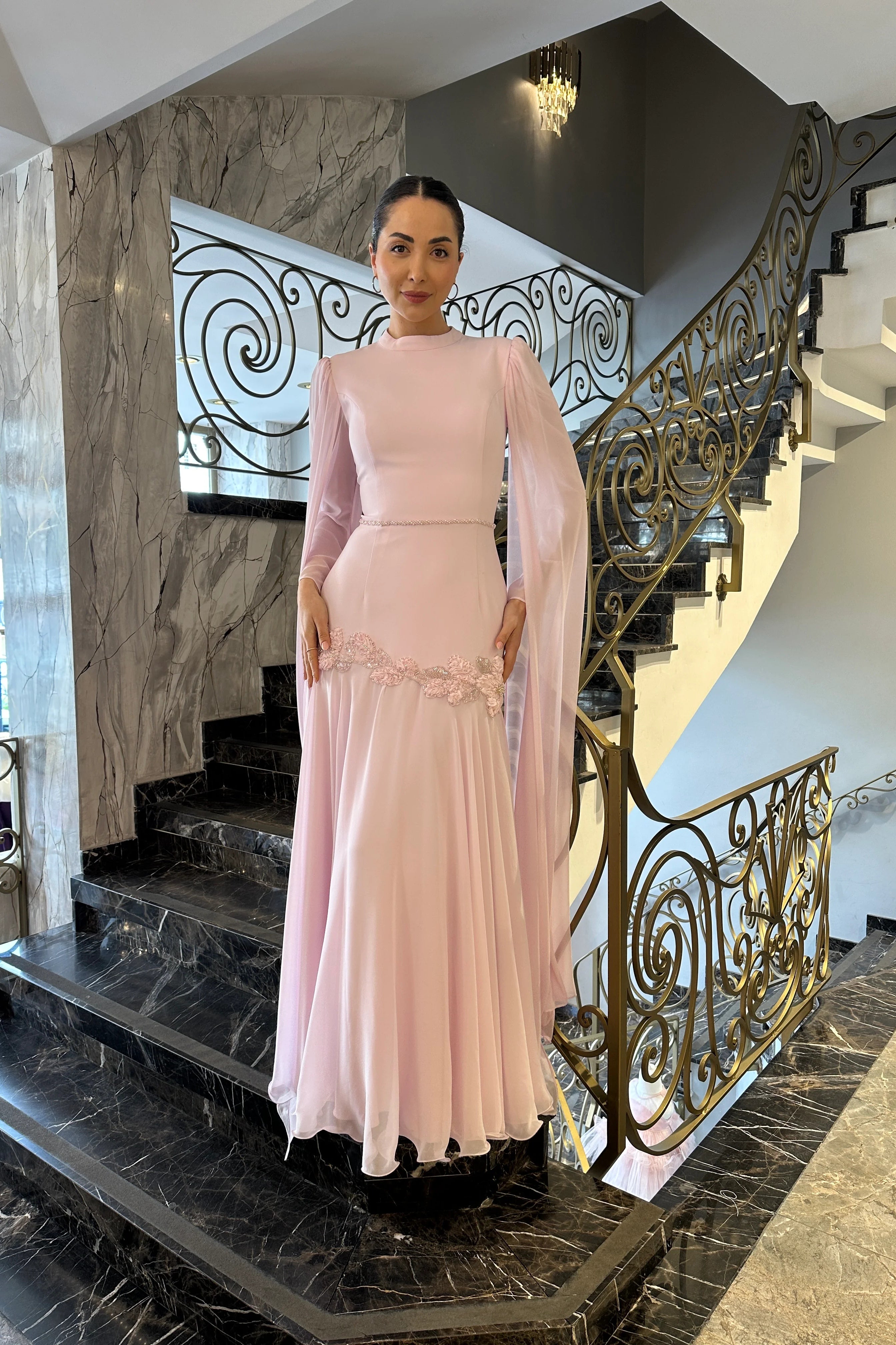 Elara Cape-Sleeve Embellished Mermaid Dress-Pink