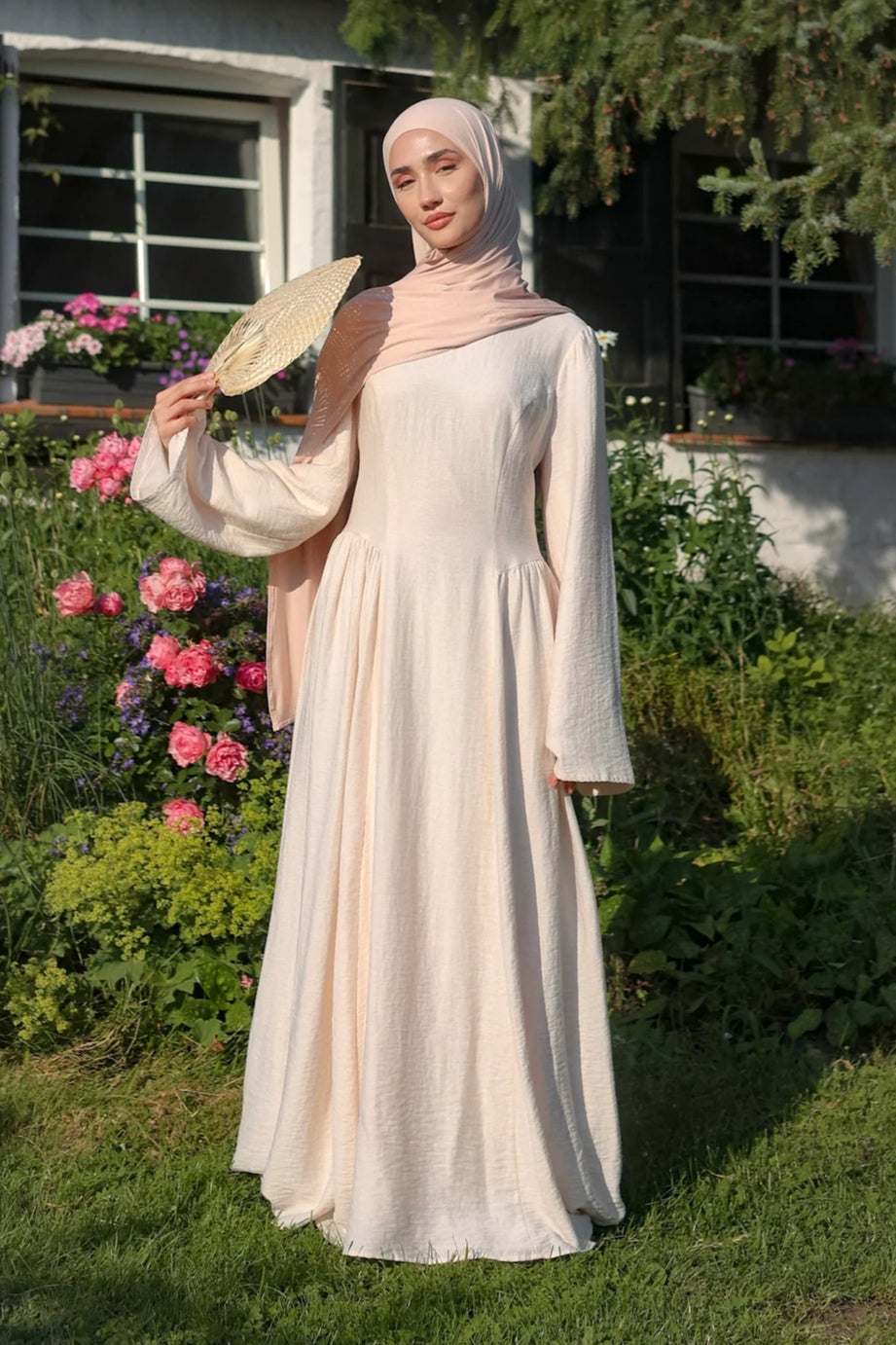 Zoe Draped Shoulder Textured Abaya-Apricot
