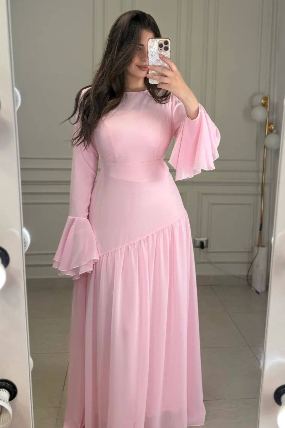 Chloe Shimmer Asymmetrical Chiffon Maxi Dress-LightPink