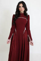Maya Pearl Trim High Neck Gathered Maxi Dress-Red