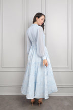 Elegant Gold-Stamped Romantic Long Sleeve Maxi Dress-Blue