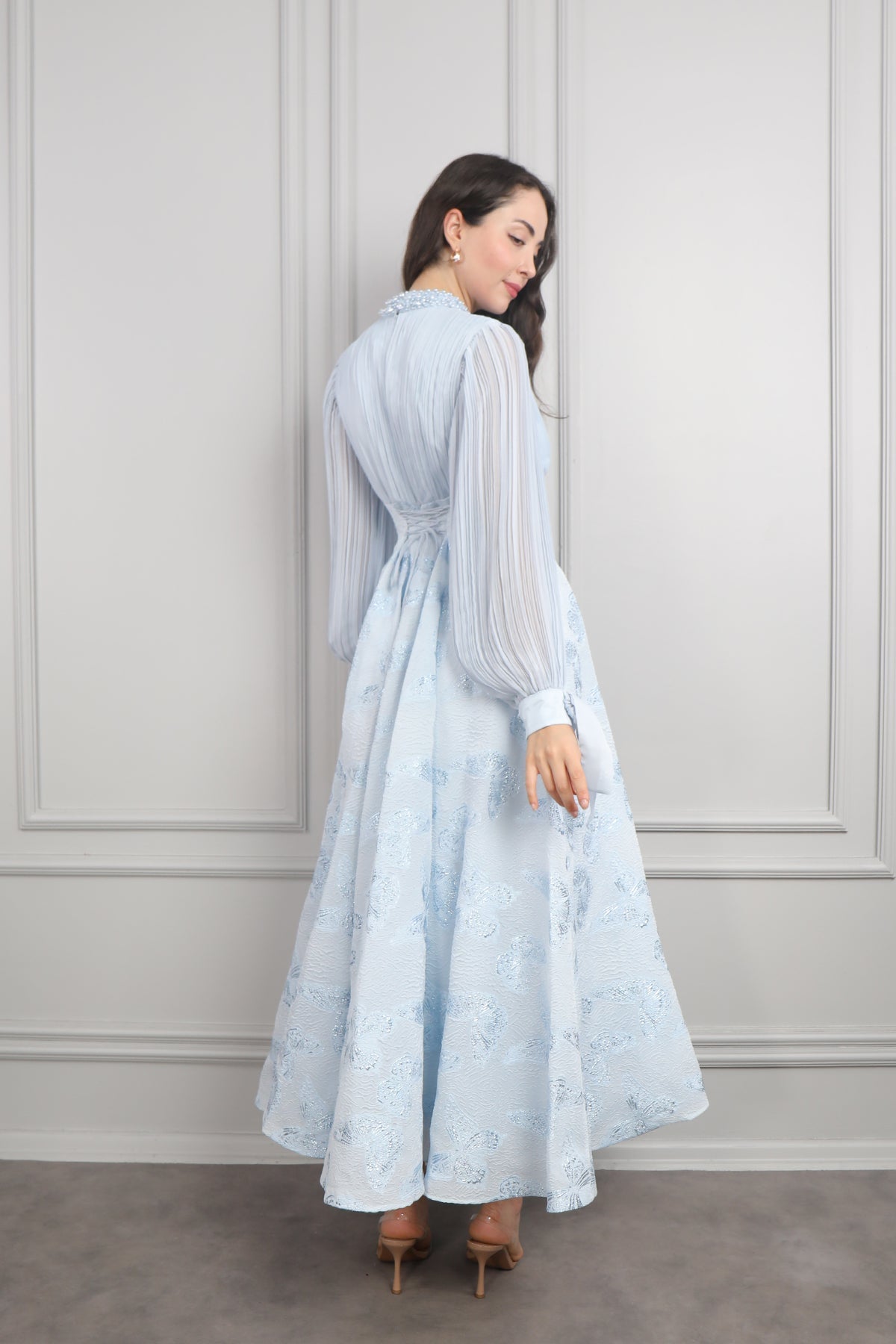 Elegant Gold-Stamped Romantic Long Sleeve Maxi Dress-Blue