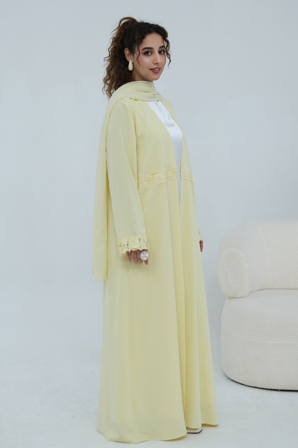 Aisha Lace Trim Open Front Maxi Abaya-Yellow