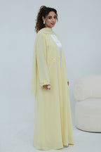 Aisha Lace Trim Open Front Maxi Abaya-Yellow