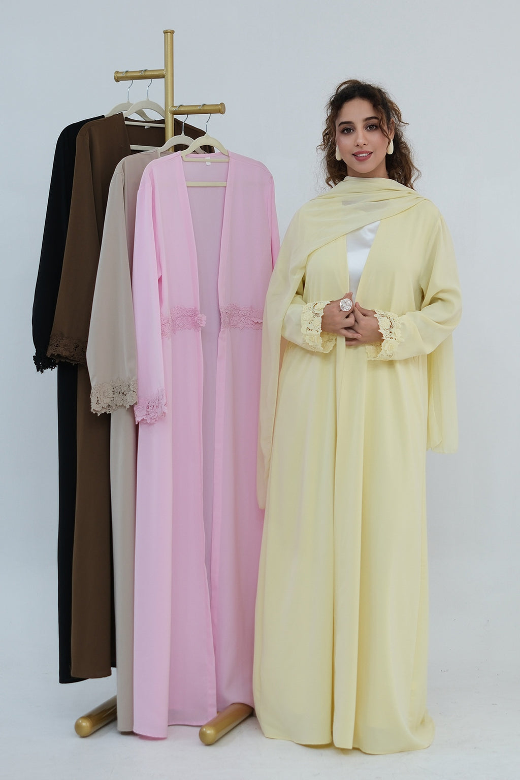 Aisha Lace Trim Open Front Maxi Abaya-Yellow