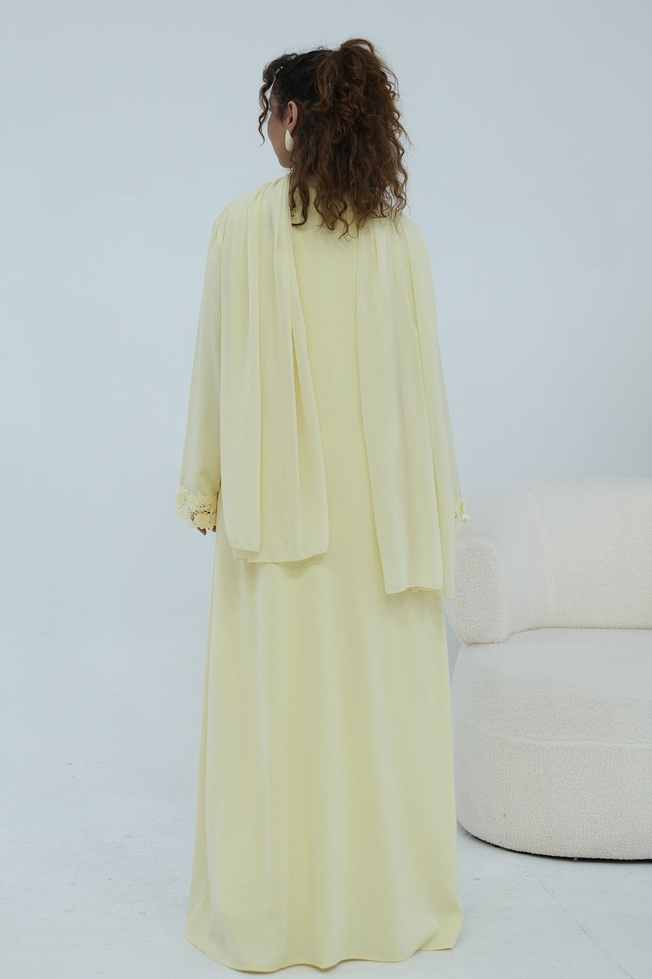 Aisha Lace Trim Open Front Maxi Abaya-Yellow
