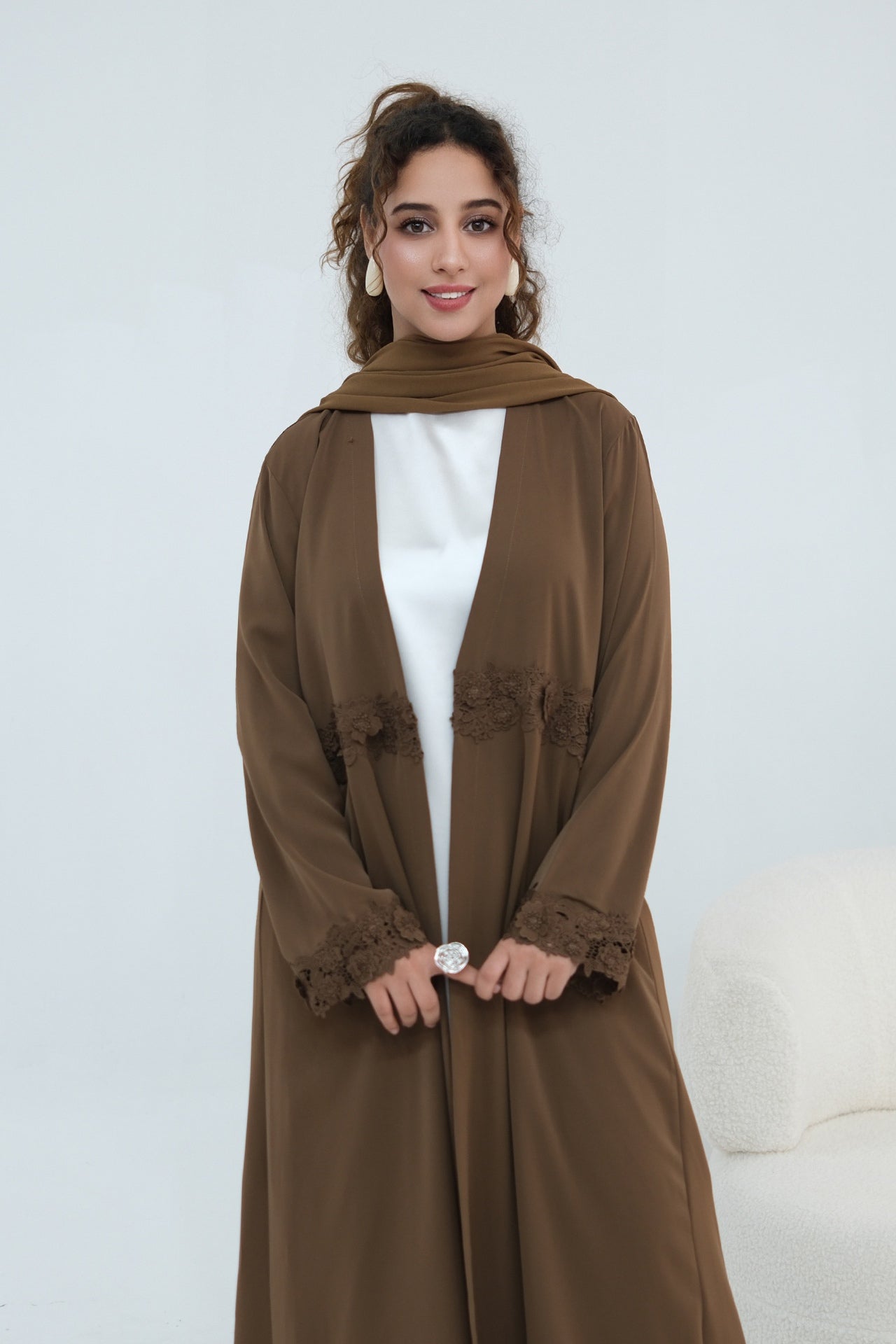 Aisha Lace Trim Open Front Maxi Abaya-Coffee