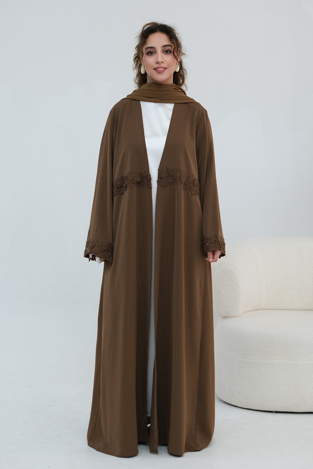 Aisha Lace Trim Open Front Maxi Abaya-Coffee