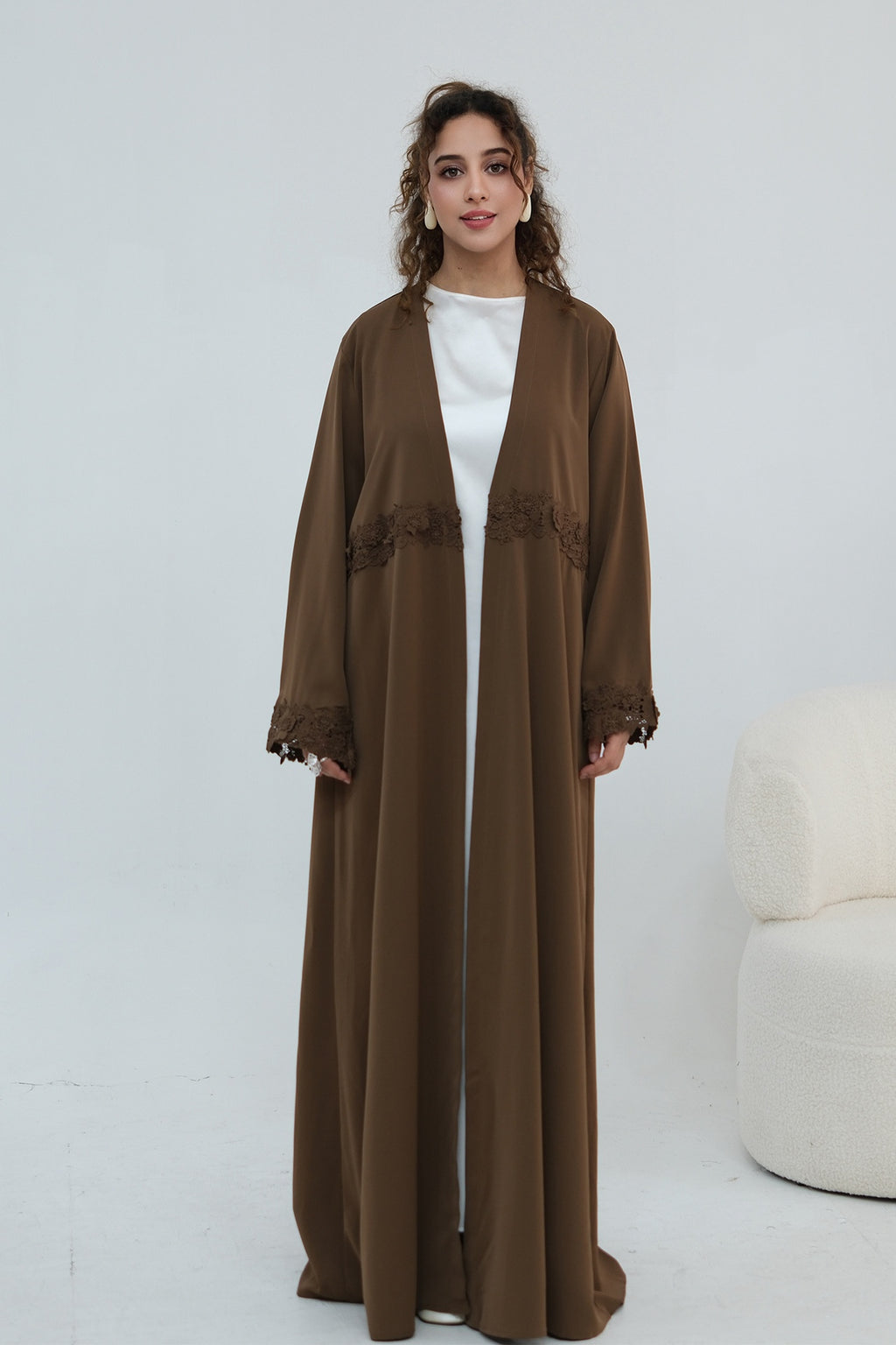 Aisha Lace Trim Open Front Maxi Abaya-Coffee