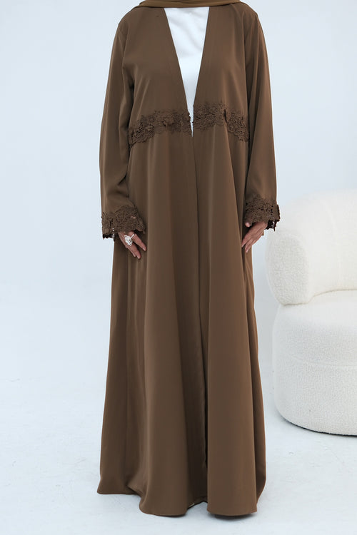 Aisha Lace Trim Open Front Maxi Abaya-Coffee