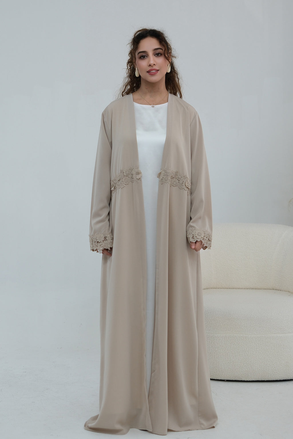 Aisha Lace Trim Open Front Maxi Abaya-Grey