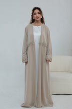 Aisha Lace Trim Open Front Maxi Abaya-Grey