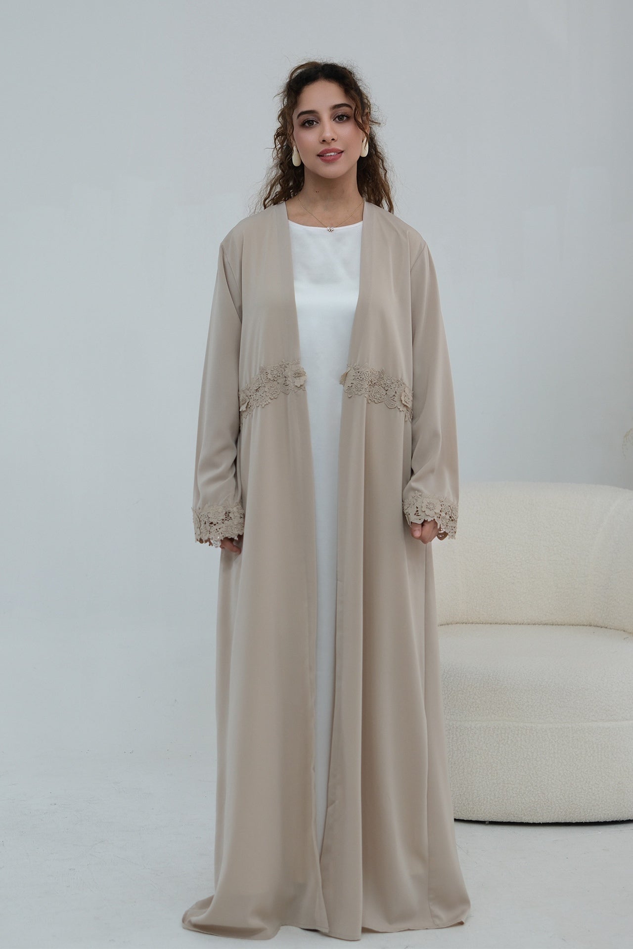 Aisha Lace Trim Open Front Maxi Abaya-Grey