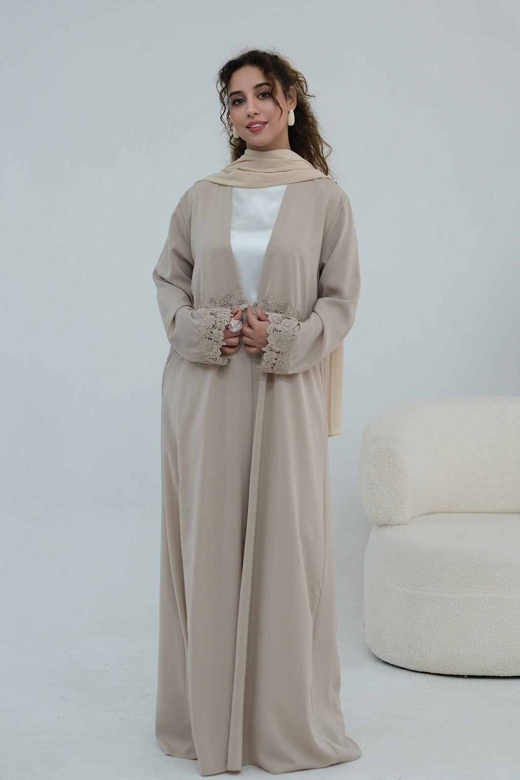 Aisha Lace Trim Open Front Maxi Abaya-Grey