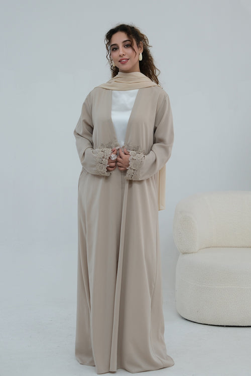 Aisha Lace Trim Open Front Maxi Abaya-Grey