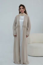 Aisha Lace Trim Open Front Maxi Abaya-Grey