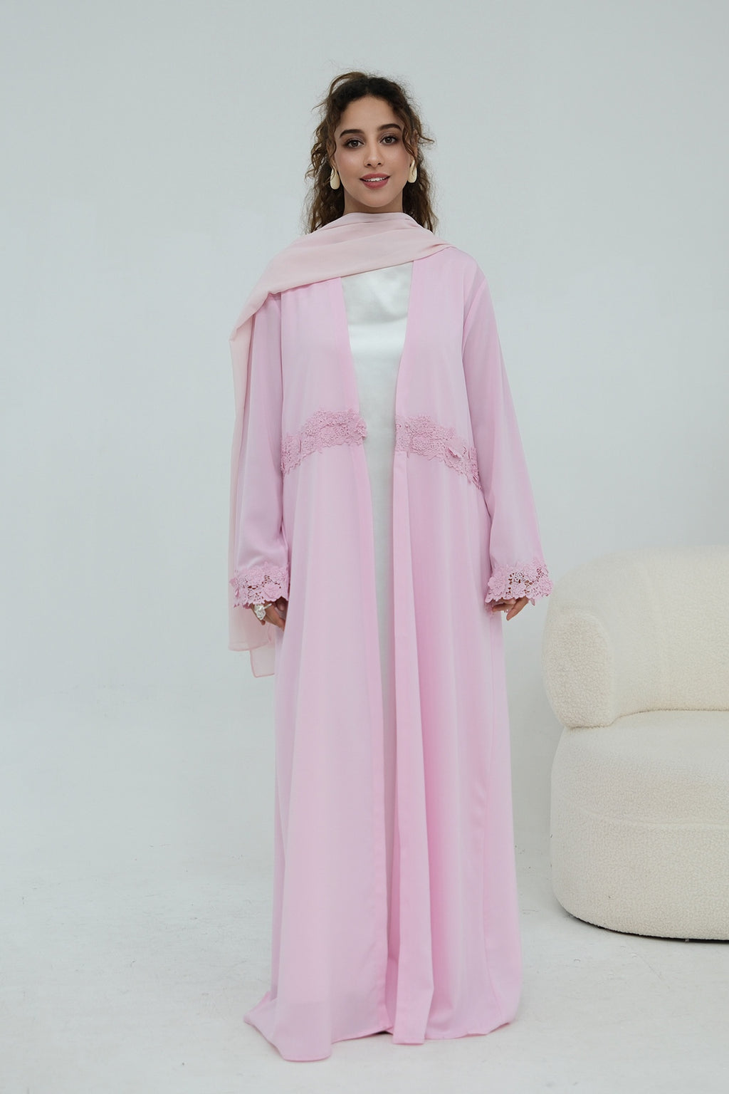 Aisha Lace Trim Open Front Maxi Abaya-Pink