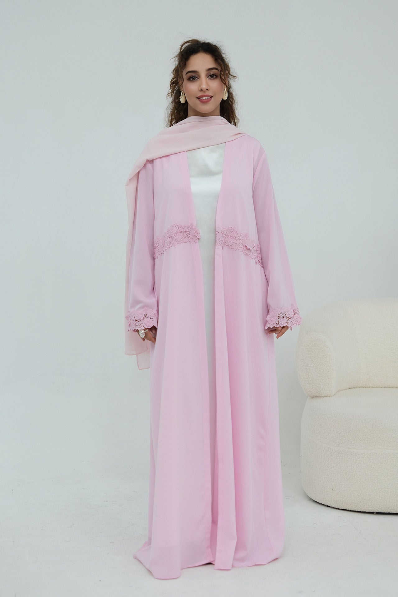 Aisha Lace Trim Open Front Maxi Abaya-Pink